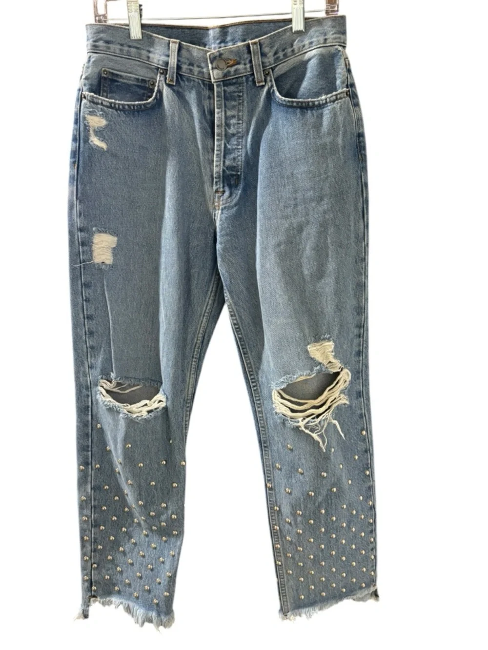 Carmar Women's Blue Straight Leg Jeans‎ Distressed Silver Stud Detail Size 29